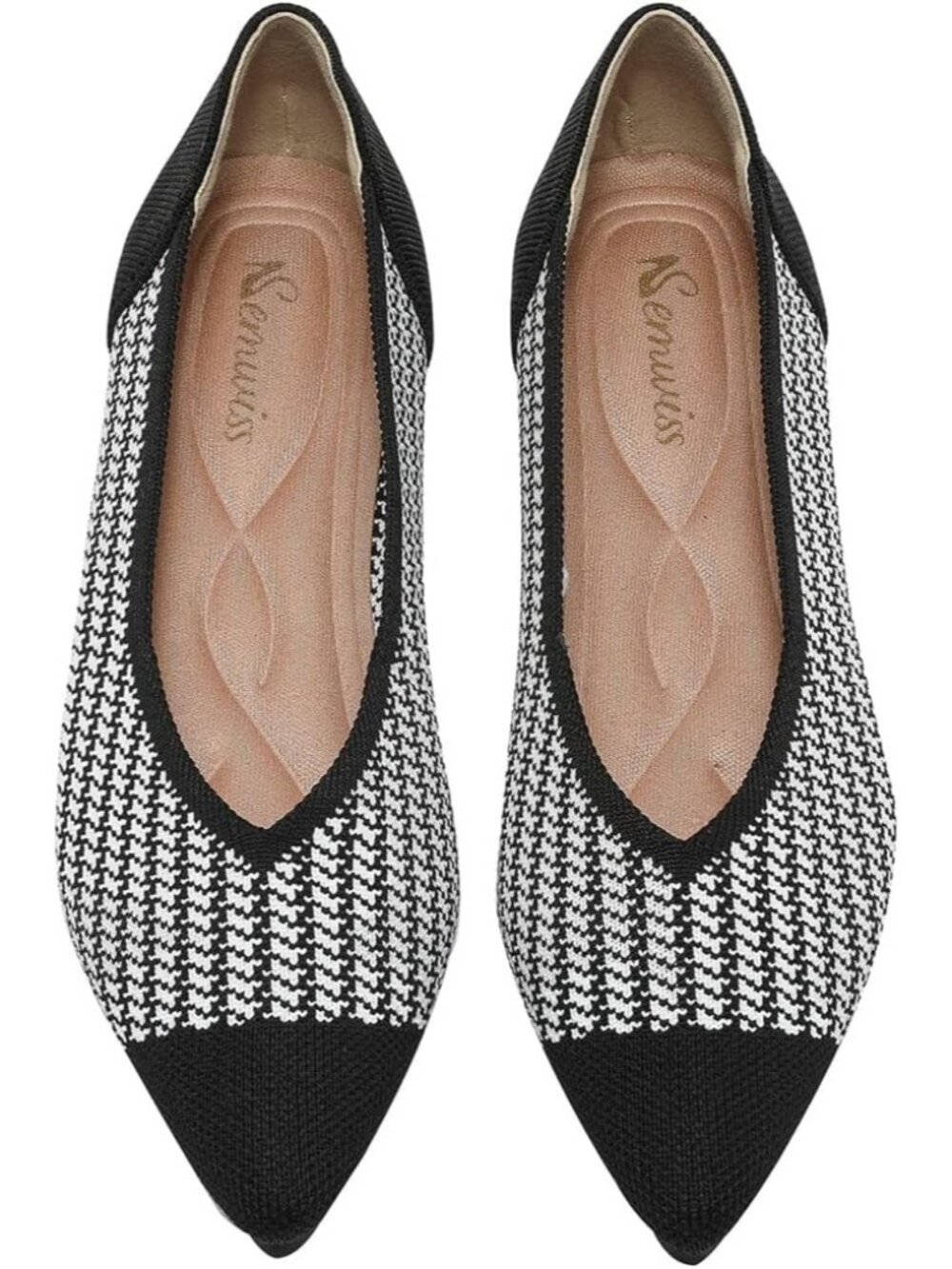 Women's Black White Ballet Flats Pointed Toe Comfortable Knit Slip Casual Shoes